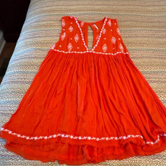Free People Orange Boho Diamond Embroidered Sleeveless Tunic Top Size Medium - Picture 5 of 12